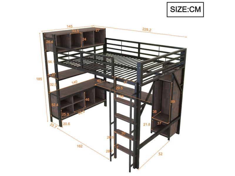 Lit mezzanine 140 x 200cm avec bureau, armoire, étagères, éclairage led, prises eu, barrière sécurité haute, noir - Conforama C
