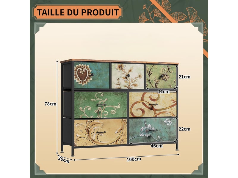  Commode 7 tiroirs, commode de rangement, tissu floral,structure en métal,pour salon, chambre, style bohème,100 x 30 x 78 cm  - Conforama C