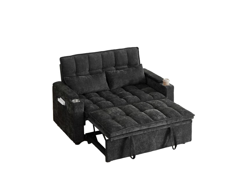 Canapé-lit convertible 2 places 3-en-1 142 × 89 × 89 cm en chenille noire, rangements, poches et 2 porte-gobelets - Conforama E