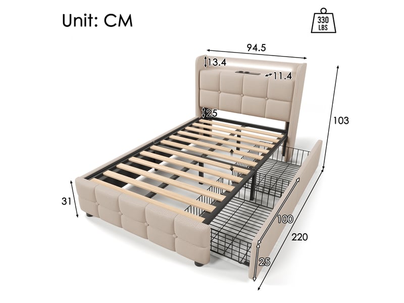 Lit coffre 90x200 avec led et usb, cadre de lit beige capitonné avec sommier à lattes et 2 grands tiroirs de stockage - Conforama C