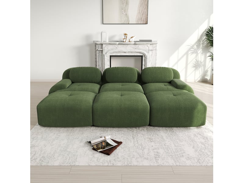  Canapé modulable 3 places 298x178x70 cm, trois poufs, prêt à installer, larges accoudoirs, velours côtelé, vert  - Conforama D