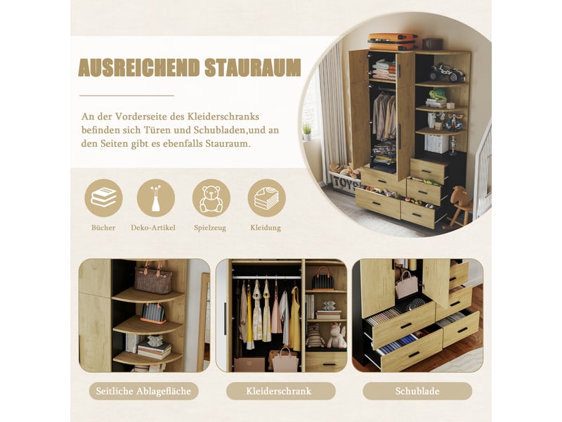 Armoire à vêtements 2 portes avec tringle, 5 tiroirs et rangements ouverts, meuble de chambre, bois naturel et noir - Conforama E
