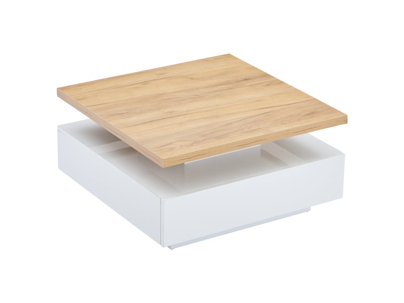  Tiroir à café carré multifonctionnel pivotant à 360°, table centrale pivotante à 2 niveaux et meuble de rangement blanc laqué brillant, table d'appoint de salon avec structure en panneaux de particules de noyer, blanc  - Conforama E