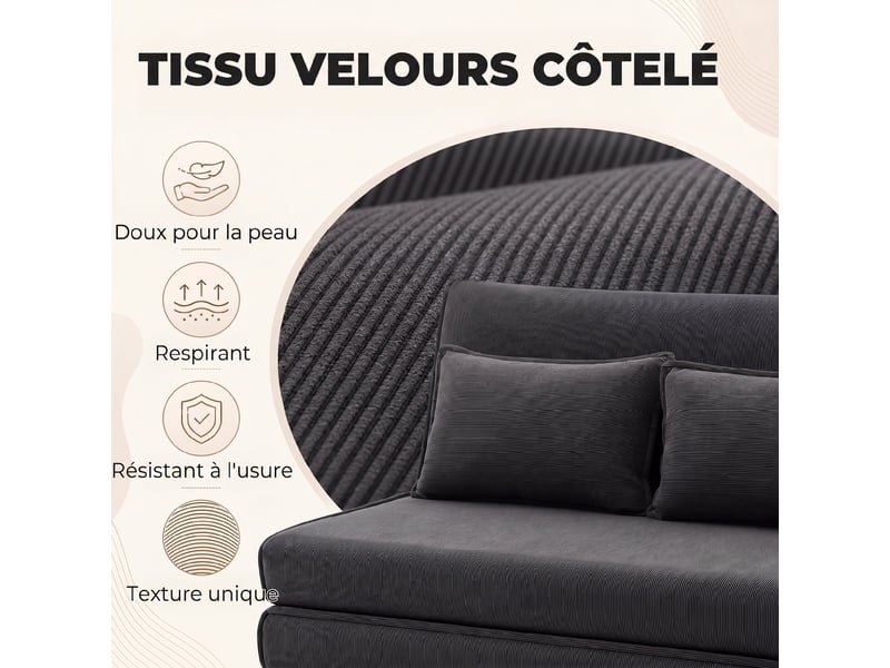 Canapé-lit pliant, chauffeuse 2 places convertible velours côtelé, dossier réglable, assise large, gris, 2 oreillers - Conforama W