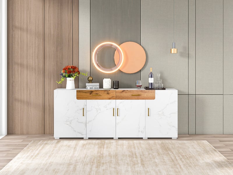  Buffet de cuisine blanc 208x39,5x80 cm, meuble rangement avec 4 portes et 2 tiroirs, structure panneaux de particules  - Conforama R