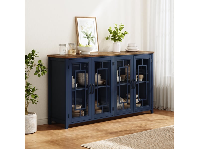  Buffet 160 cm avec portes vitrées, plateau effet bois, mdf bleu  - Conforama R