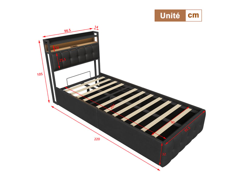  Lit simple rembourré 90 x 200 cm avec espace de rangement, lumière led et port usb, noir  - Conforama C