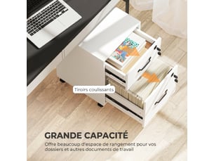 Caisson bureau mobile à 2 tiroirs, blanc, meuble rangement bureau sur roulettes pour documents suspendus format lettre