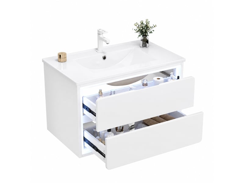  Meuble vasque suspendu blanc 76 cm avec lavabo intégré, 2 tiroirs et éclairage led  - Conforama A