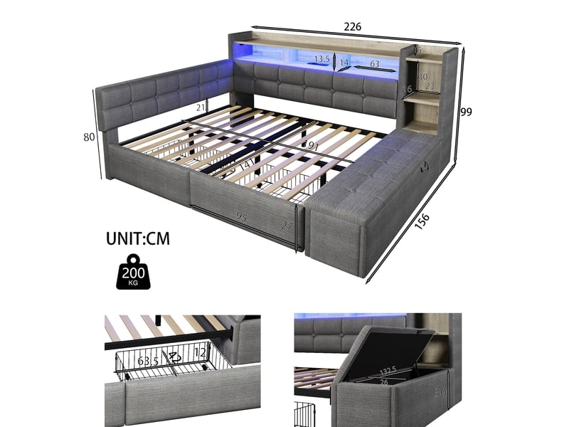  Lit de jour 140 × 190 cm avec deux tiroirs, usb type-c, étagère, led, sans matelas, velours, gris foncé  - Conforama B