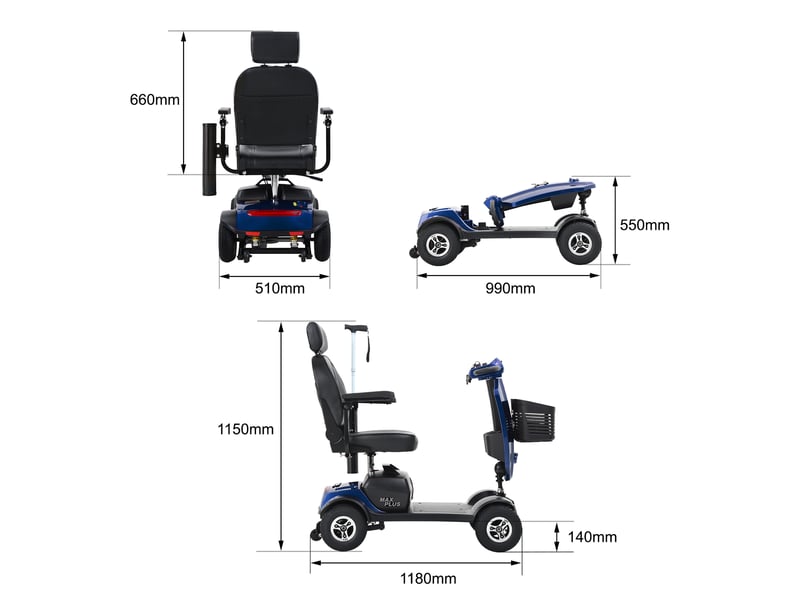  Scooter électrique de mobilité pour seniors 300 w, charge 136 kg, autonomie jusqu’à 25 km, appuie-tête pivotant à 360°, bleu  - Conforama E