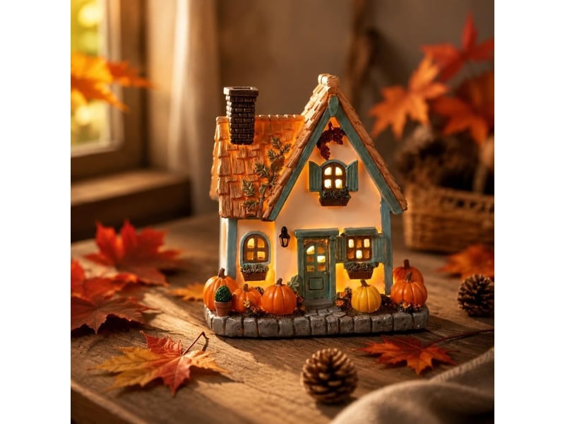 Décoration automne lumineuse 1 pièces, maison de village en résine avec led blanc chaud, décoration de table, blanc  - Conforama A