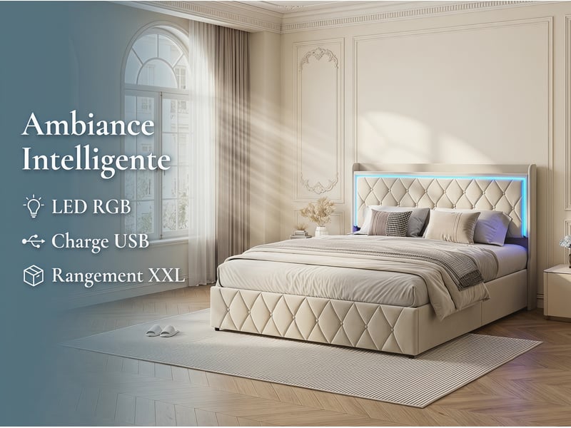  Lit coffre 160x200 cm - led intégrée et port usb - tête de lit avec rangement - velours - sommier inclus  - Conforama D