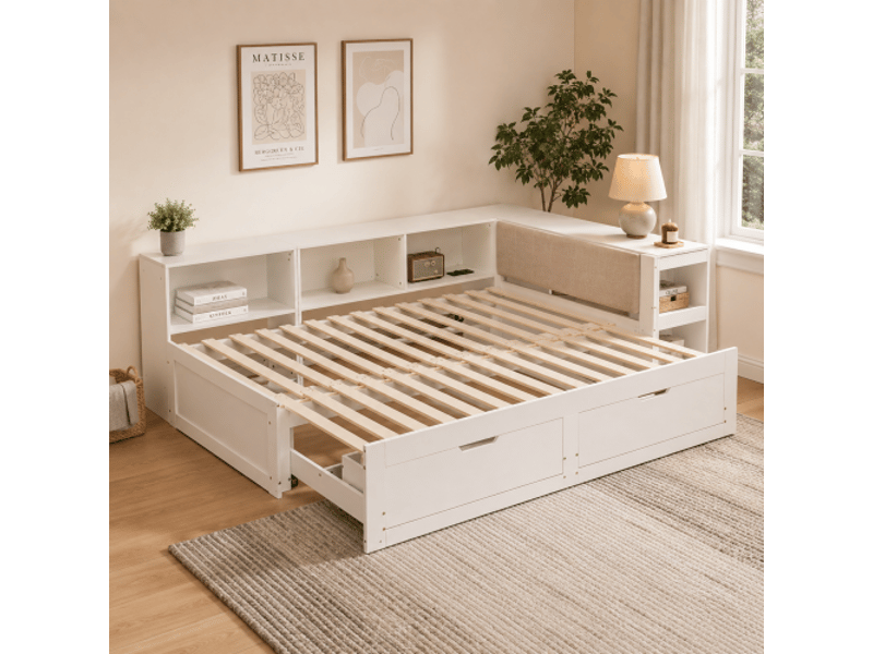  Lit 3-en-1 en l: bureau, rangement et couchage – boismdf, sommier à lattes, tiroirs sous-lit, étagères, tête rembourrée  - Conforama E