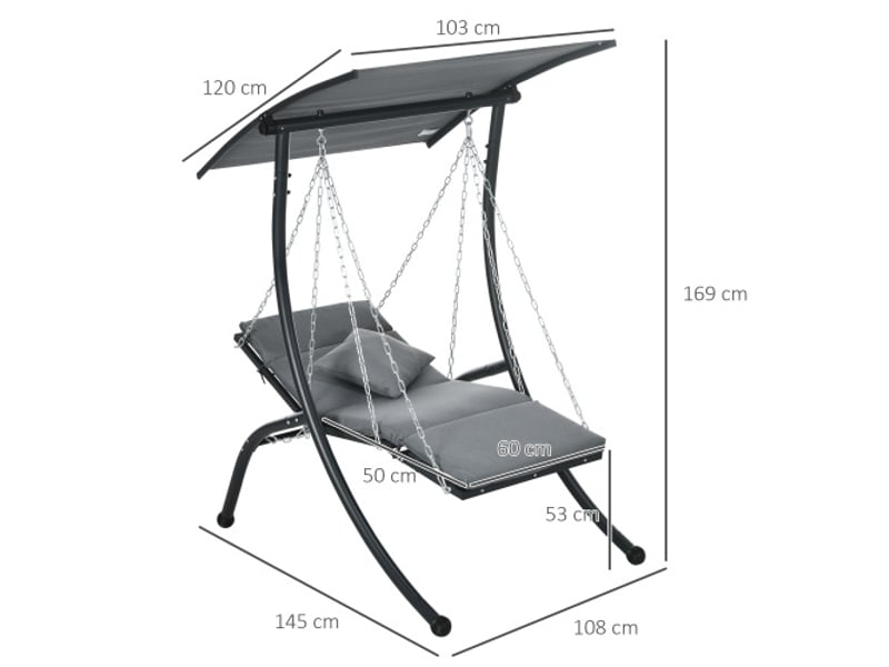 Balancelle de jardin gris foncé, coussins, toit pare-soleil réglable, pour jardin et terrasse - Conforama C