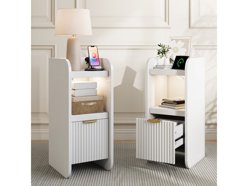  Lot de 2 tables de chevet, 30x25x60 cm, bout de canapé étroit avec led et station de charge usb, meuble de nuit moderne à 1 tiroir motif vague, blanc  - Conforama B