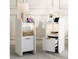 Lot de 2 tables de chevet, 30x25x60 cm, bout de canapé étroit avec led et station de charge usb, meuble de nuit moderne à 1 tiroir motif vague, blanc