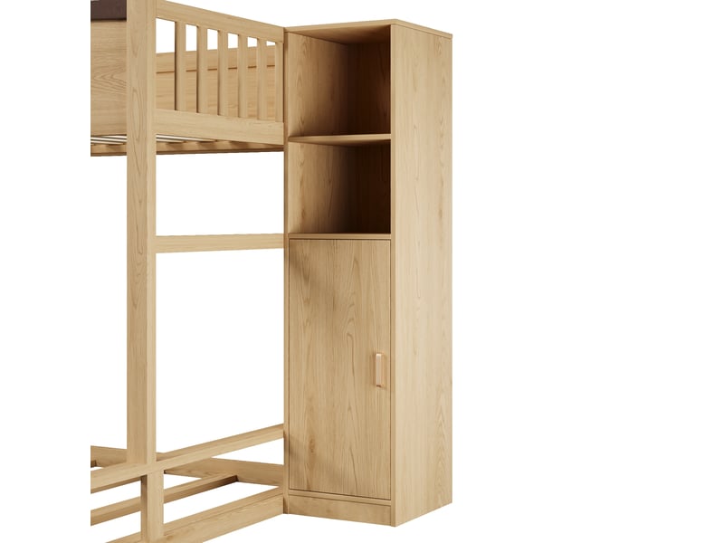  Lit superposé 90 × 200 140 × 200 cm, escalier de rangement et armoire, bois naturel  - Conforama E