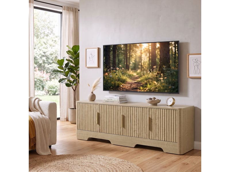  Meuble tv 140 cm design effet bois clair 4 portes cannelées 3 étagères  - Conforama D