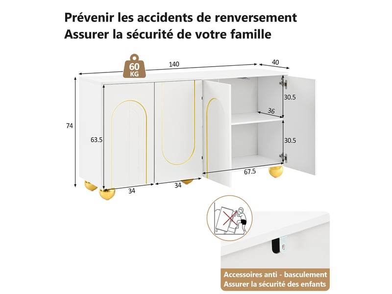  Buffet blanc 140 x 40 x 74 cm avec 4 portes, pieds en métal, 2 compartiments avec étagères, pour salon, salle à manger et entrée  - Conforama C