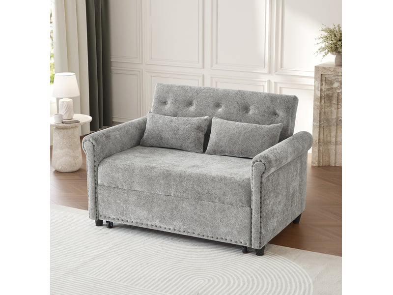  Canapé convertible 2 places 3-en-1 avec dossier réglable et lit gigogne, coussins, en chenille grise, 120 × 80 × 82 cm  - Conforama C