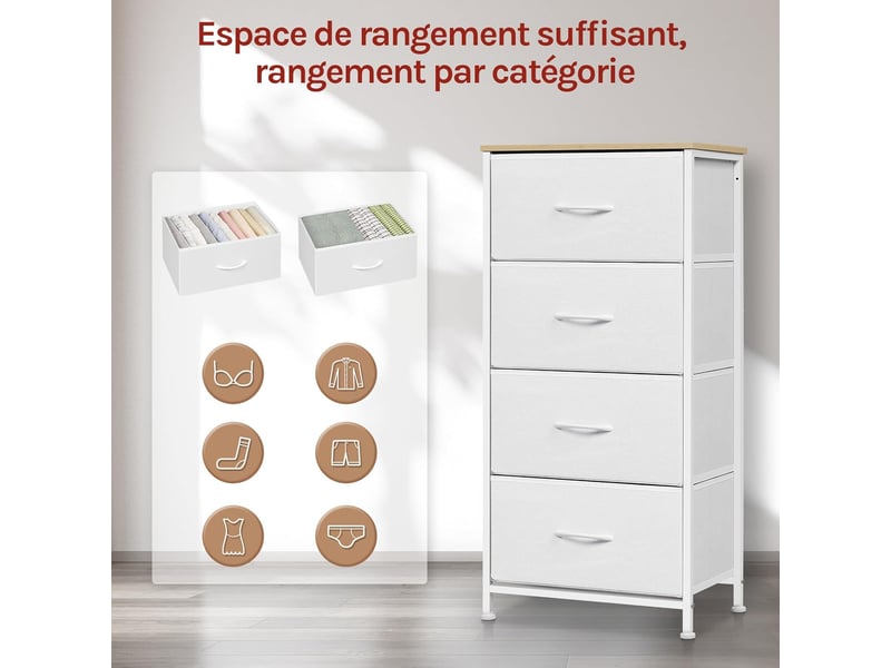 Commode 4 tiroirs, meuble de rangement à tiroirs en tissu, dessus en bois d'ingénierie e1,blanc - Conforama D