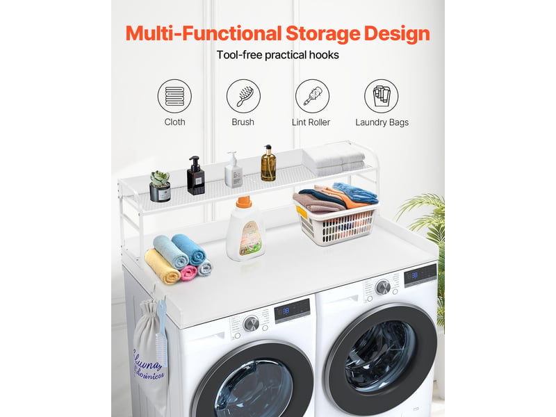  Comptoir pour lave-linge et sèche-linge 2 niveaux, plateau bois 1370 x 700 mm, crochets et coussinets antidérapants, blanc C240331S-03 - Conforama B