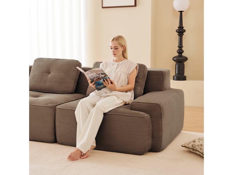 Canapé d’angle modulable profond velours côtelé marron – 295 x 206 x 69 cm Fay Lum - Conforama E