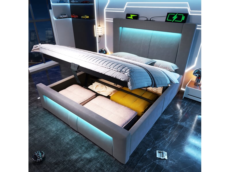  Lit coffre 90x200 cm avec éclairage led et ports de charge en velours gris  - Conforama B