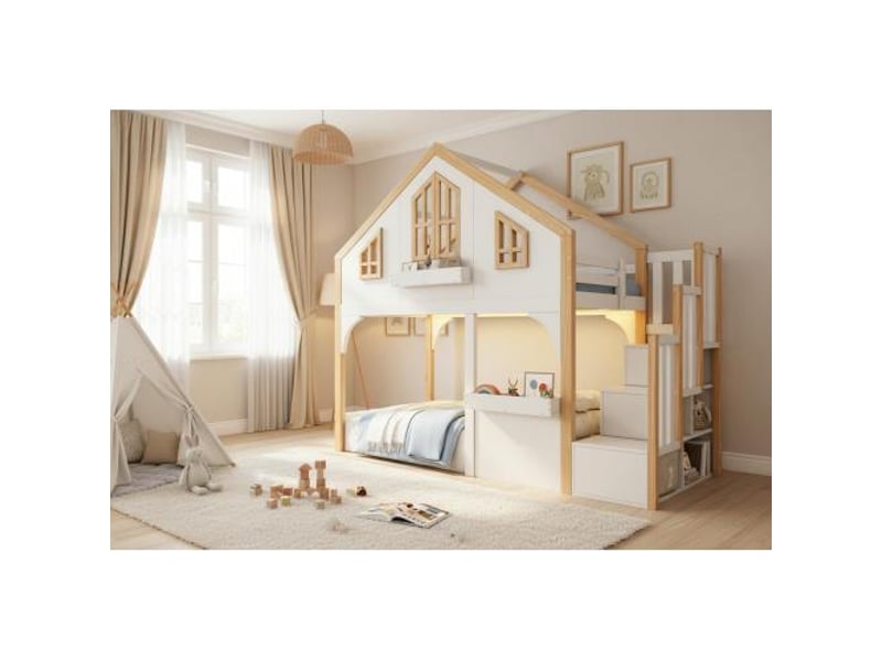 Lit cabane 90x200 cm bois blanc et naturel avec led, escalier de rangement, forme fenêtre - Conforama D