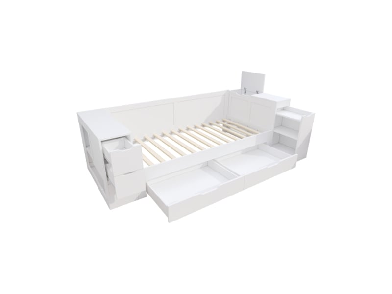  Lit enfant 90x200 cm, lit simple avec tiroirs, étagères, espace de rangement et table de chevet, sans matelas, mdf, blanc  - Conforama E