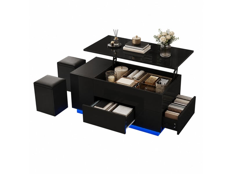  Table basse 100x50x45 cm relevable avec led, 2 tiroirs et 2 tabourets en panneaux de particules noir  - Conforama A
