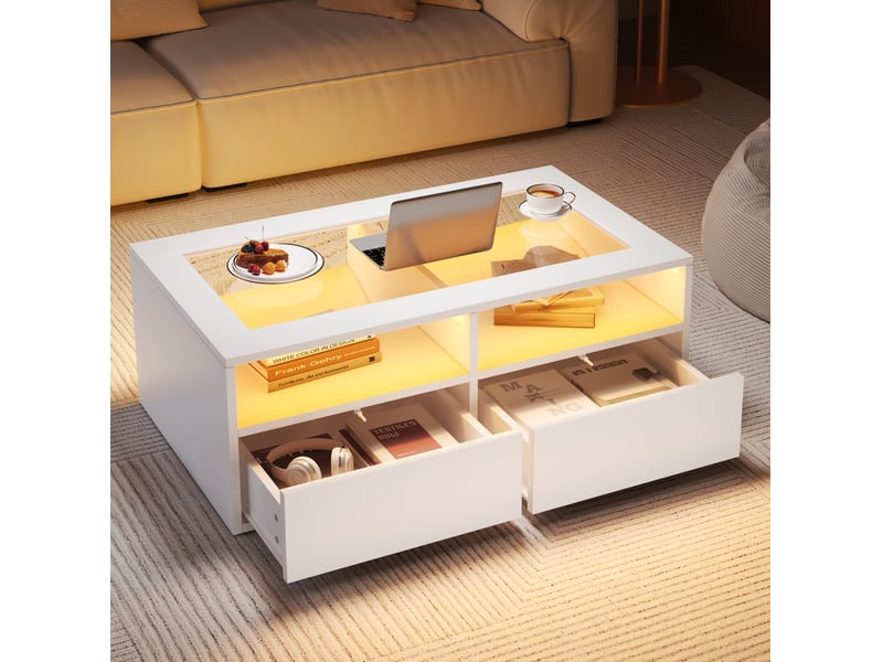  Table basse avec led pilotée par application, 2 tiroirs et 2 niches, plateau en verre, blanche, 100 × 50 × 35 cm  - Conforama C