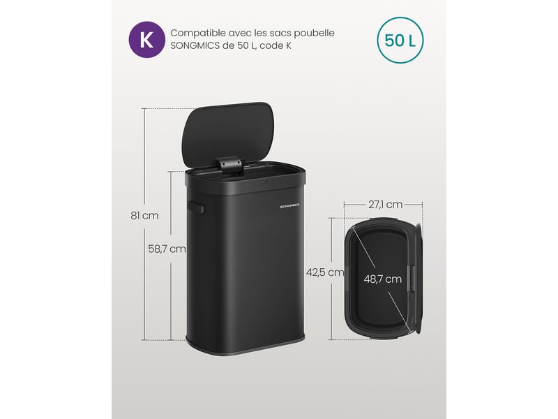  Poubelle de cuisine automatique 42,5 x 27,1 x 58,7 cm ouverture tactile capteur de mouvement finition élégante en acier noir 12_0012339  - Conforama B