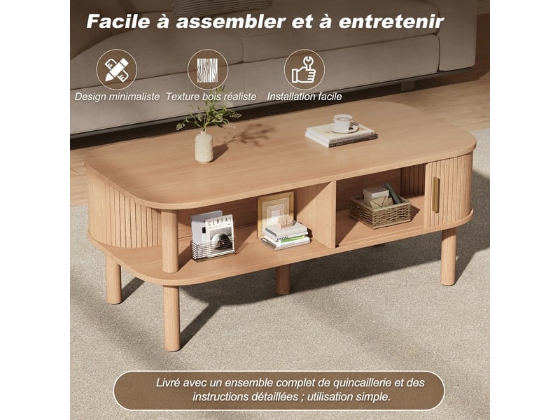  Table basse scandinave avec rangement porte coulissante 110 cm - bois naturel  - Conforama D