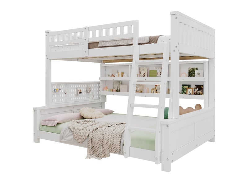  Lit superposé familial 120x200140x200cm séparable en 2 lits, avec échelle, double étagère et panneau perforé, bois massif et mdf, blanc evarich - Conforama A