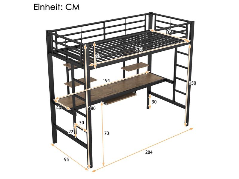  Lit mezzanine noir 90x200cm avec escalier rangement, 2 bibliothèques, bureau et étagères, gain de place - fer - pour enfant ado  - Conforama E