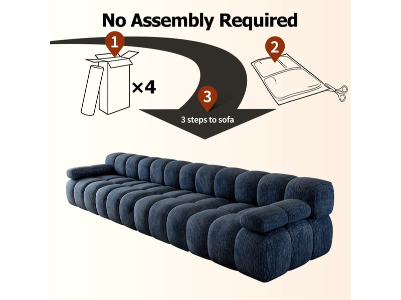 Canapé compressé 4 places 400x100x68 cm sans structure, sans montage, mousse haute résilience, assise profonde et large, tissu chenille bleu - Conforama E