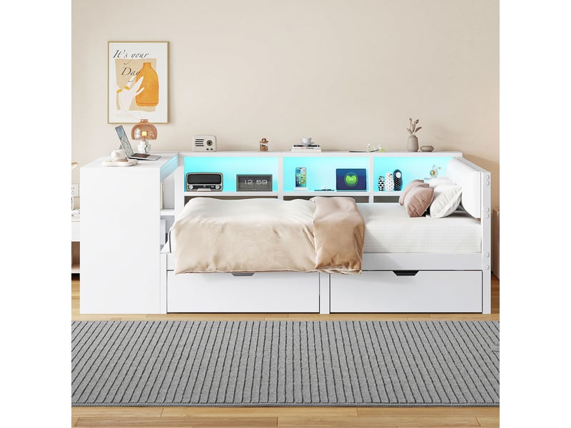  Lit avec rangement 140x200cm coloris blanc mdf led lit enfant blanc - Conforama D