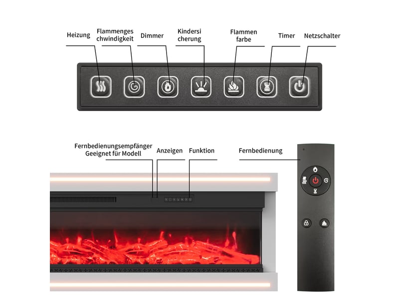  Cheminée électrique murale - 152.5x17x51.3 cm - encastrable avec effet flamme 12 couleurs, led &amp; télécommande - blanc  - Conforama D