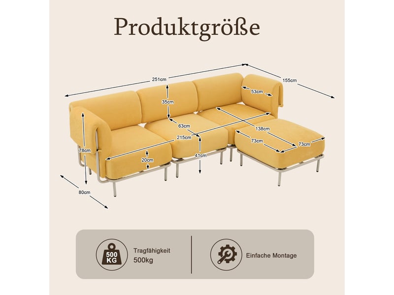  Canapé d'angle modulable 3 places en tissu chenille mangue, avec pouf, 251×155×78 cm, design nordique  - Conforama C