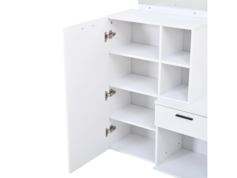 Meuble d’entrée blanc en mdf avec miroir et rangement chaussures, 2 tiroirs, 4 patères, 10 compartiments, 120 x 35 x 175,5 cm  - Conforama E
