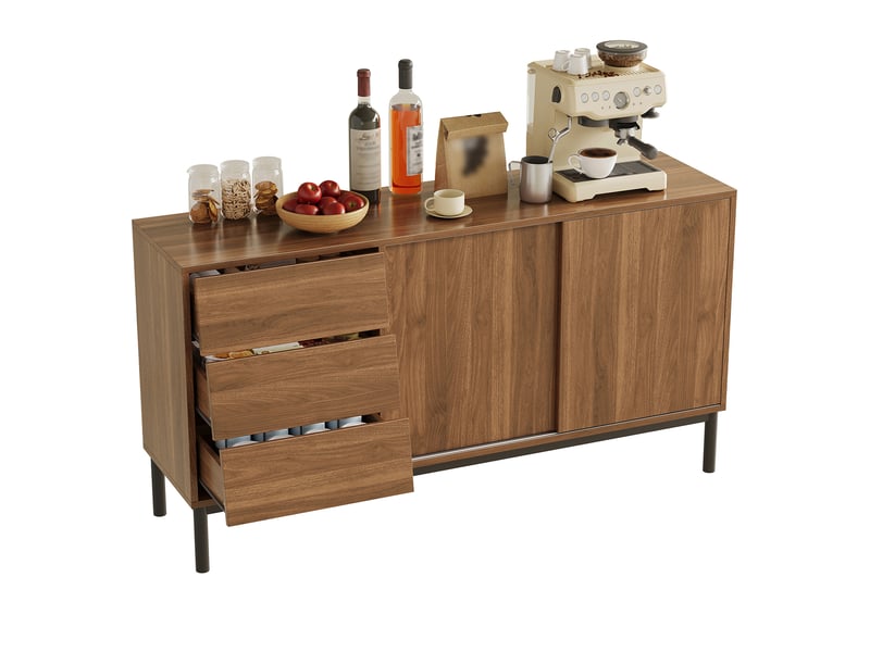Buffet bas 150x40x80 cm en mdf coloris noyer avec 3 tiroirs et 2 portes coulissantes - Conforama A