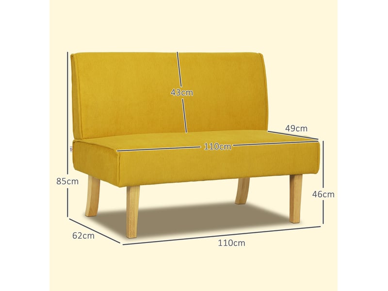 Canapé 2 places 110x62x85 cm jaune en polyester côtelé, sans accoudoirs, pieds en bois et assise en mousse - Conforama C