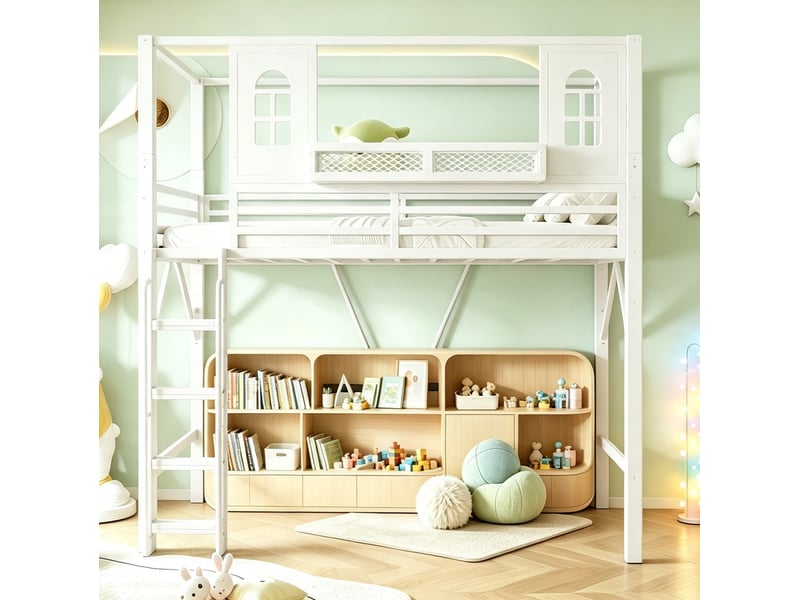 Lit mezzanine enfant 90 x 200 cm blanc en métal et mdf, toit avec fenêtres et étagère, sans matelas - Conforama E
