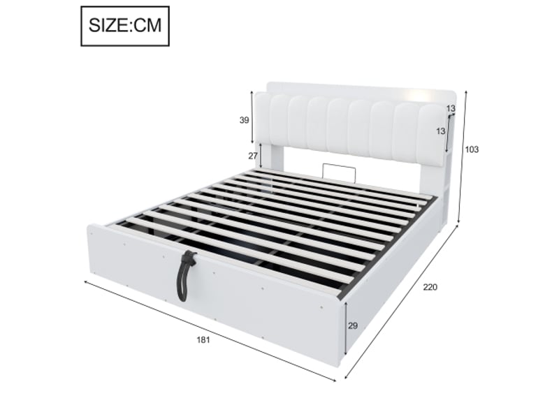  Lit en bois 180x200 cm – cadre hydraulique avec rangements, tête de lit à étagère et stockage, usb, blanc  - Conforama C