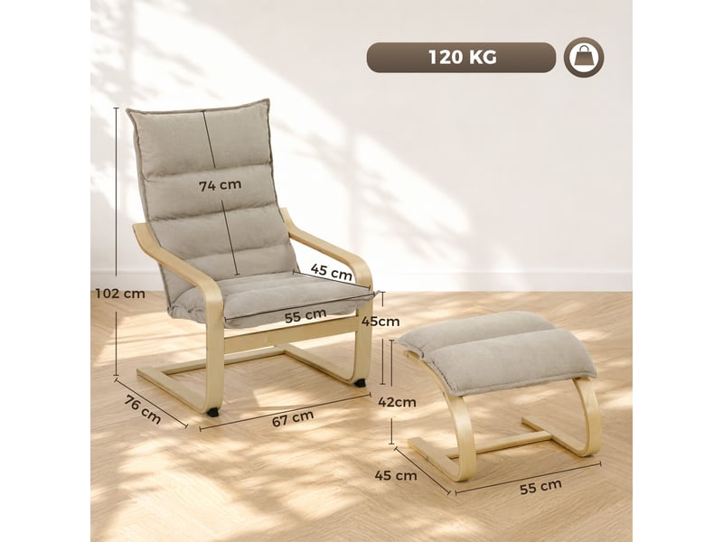  Fauteuil de salon et repose-pieds style nordique bois tissu taupe clair  - Conforama C