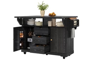 Desserte de cuisine noire, îlot de cuisine avec plateau extensible, 142x80x95cm (sans matelas).