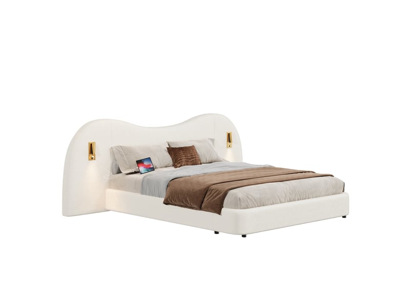  Lit coffre tcqpz double 180 x 200 cm avec éclairages de lecture usb sommier à lattes bouclé blanc  - Conforama A