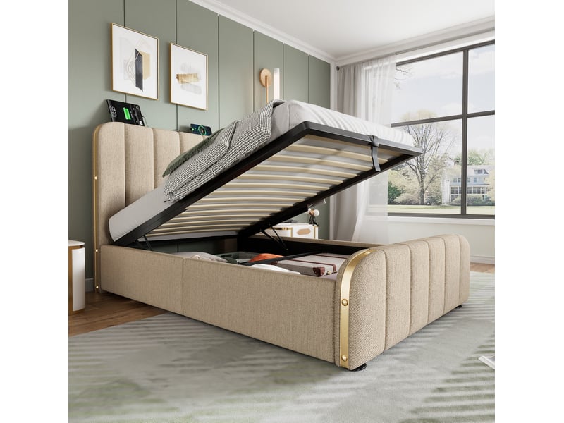  Lit coffre adulte 90x200 cm – beige – rangement hydraulique, usbtype-c, sommier et matelas inclus  - Conforama B